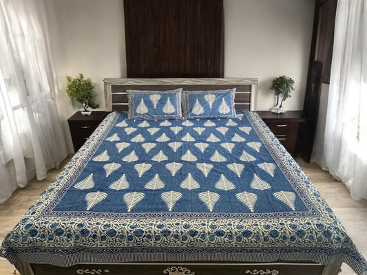 Blue Palm Leaf Double Bedsheet with 2 Pillow Cover