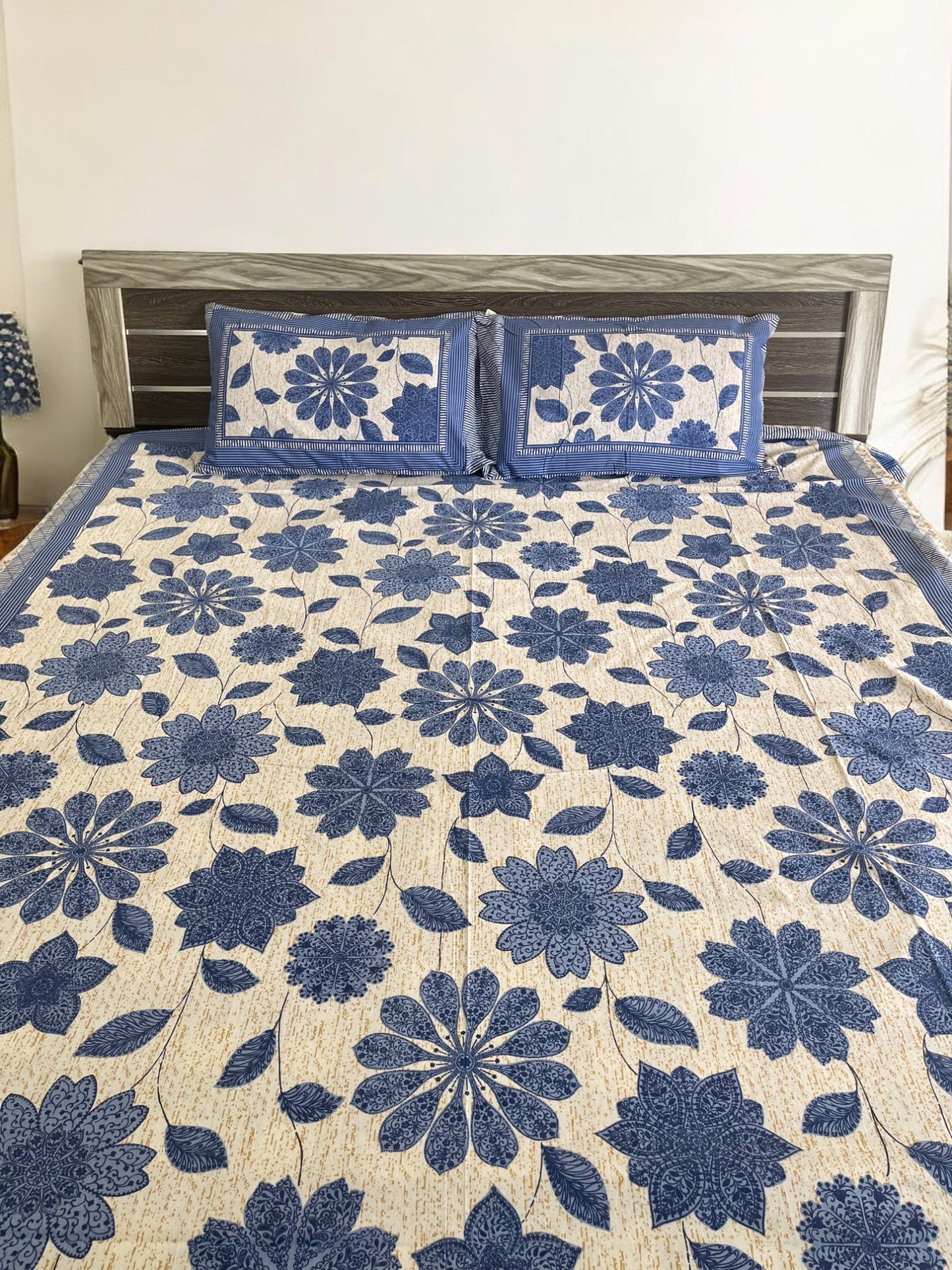 Blue Floral Double Bedsheet with 2 Pillow Covers