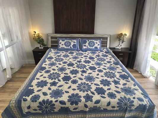 Blue Floral Double Bedsheet with 2 Pillow Covers