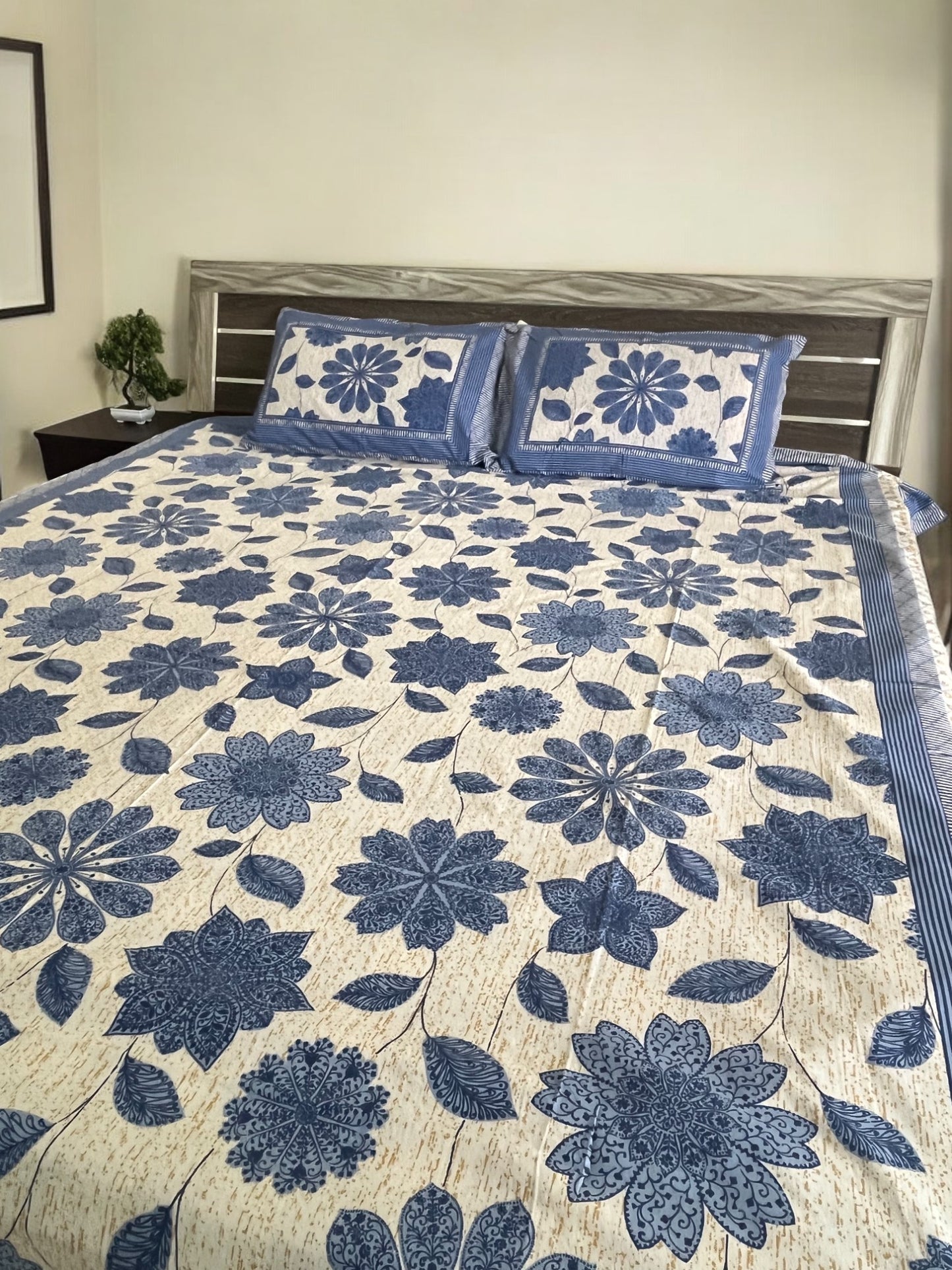Blue Floral Double Bedsheet with 2 Pillow Covers