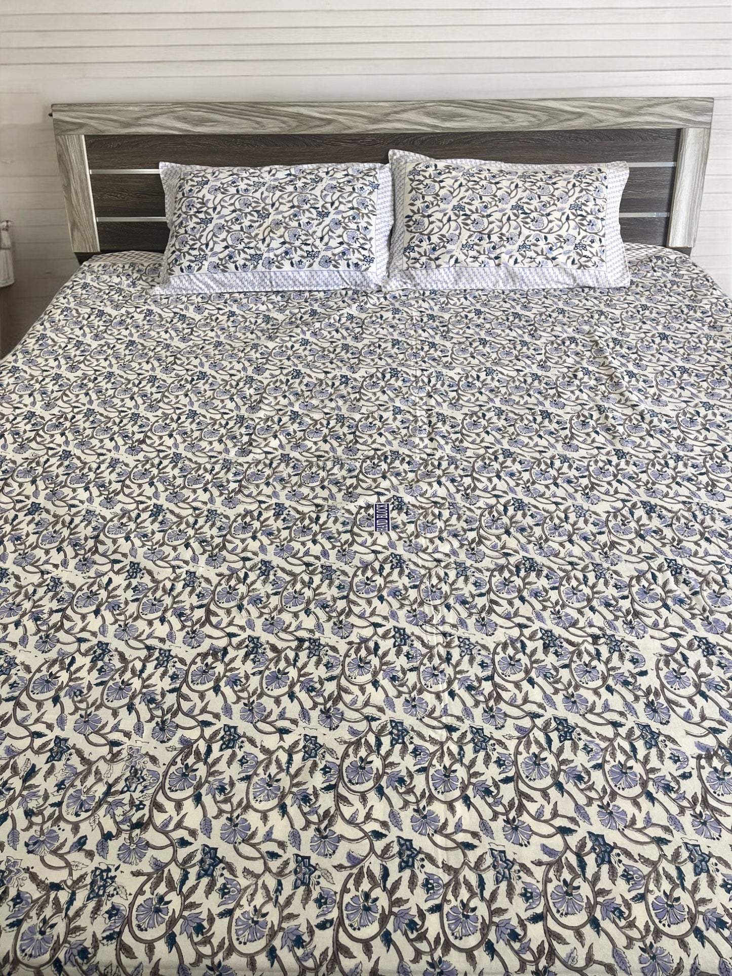 Handblock Blue Floral Printed Double Bedsheet