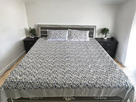 Handblock Blue Floral Printed Double Bedsheet