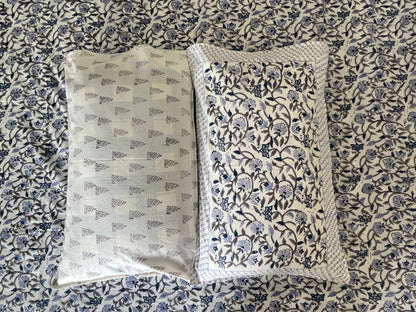 Handblock Blue Floral Printed Double Bedsheet