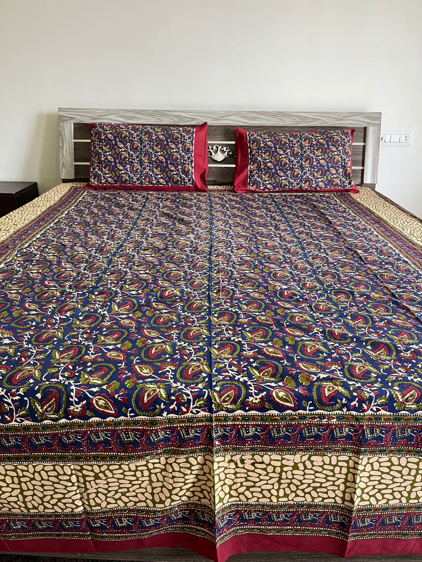 Dark Blue Kalamkari Bedsheet with 2 Pillow covers