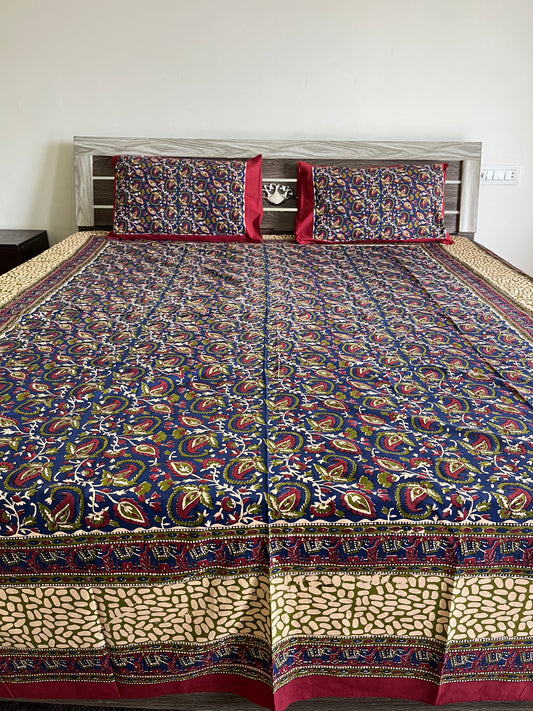 Dark Blue Kalamkari Bedsheet with 2 Pillow covers