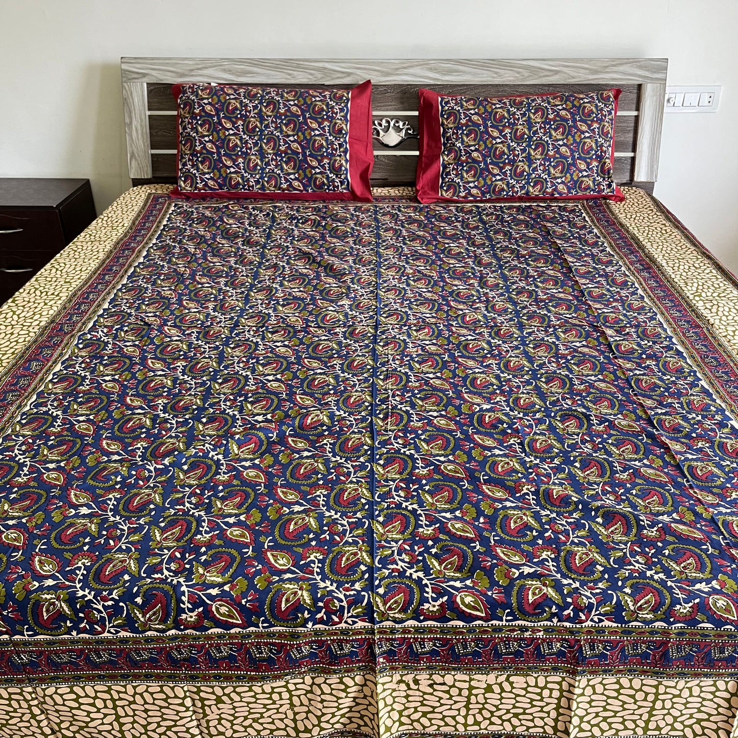 Dark Blue Kalamkari Bedsheet with 2 Pillow covers