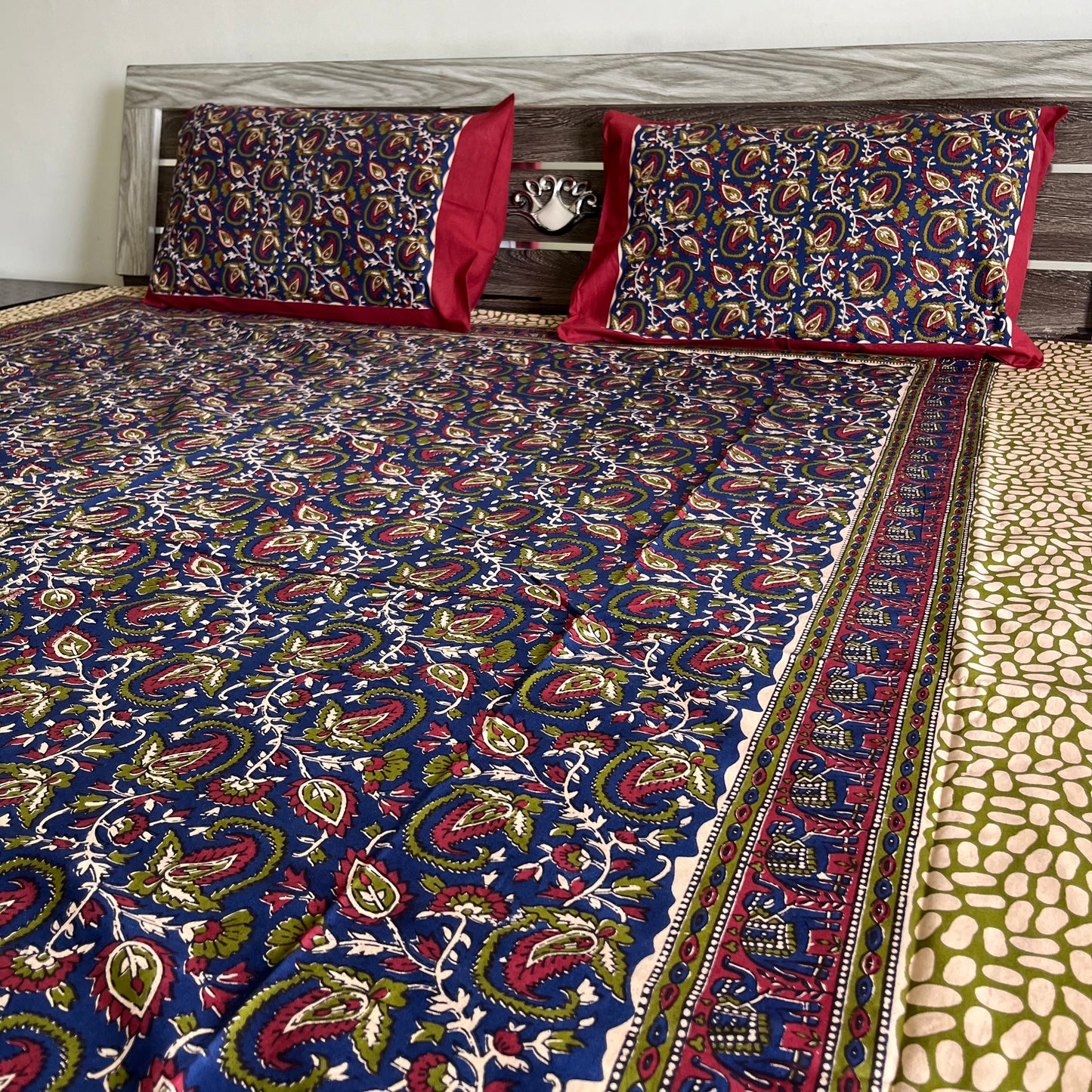 Dark Blue Kalamkari Bedsheet with 2 Pillow covers