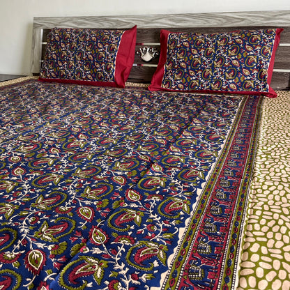 Dark Blue Kalamkari Bedsheet with 2 Pillow covers