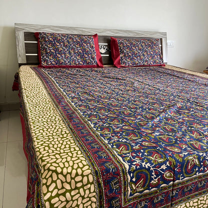 Dark Blue Kalamkari Bedsheet with 2 Pillow covers