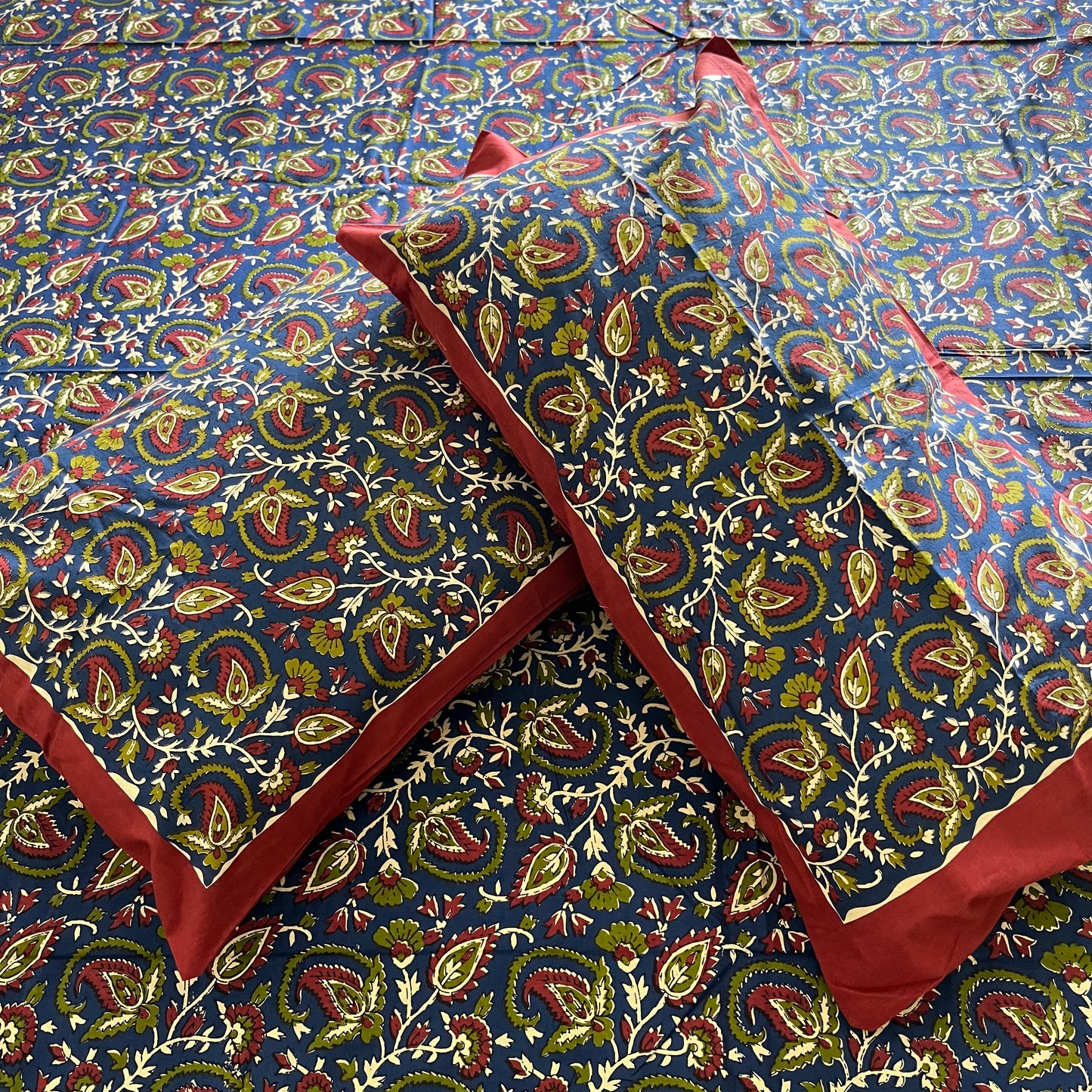 Dark Blue Kalamkari Bedsheet with 2 Pillow covers