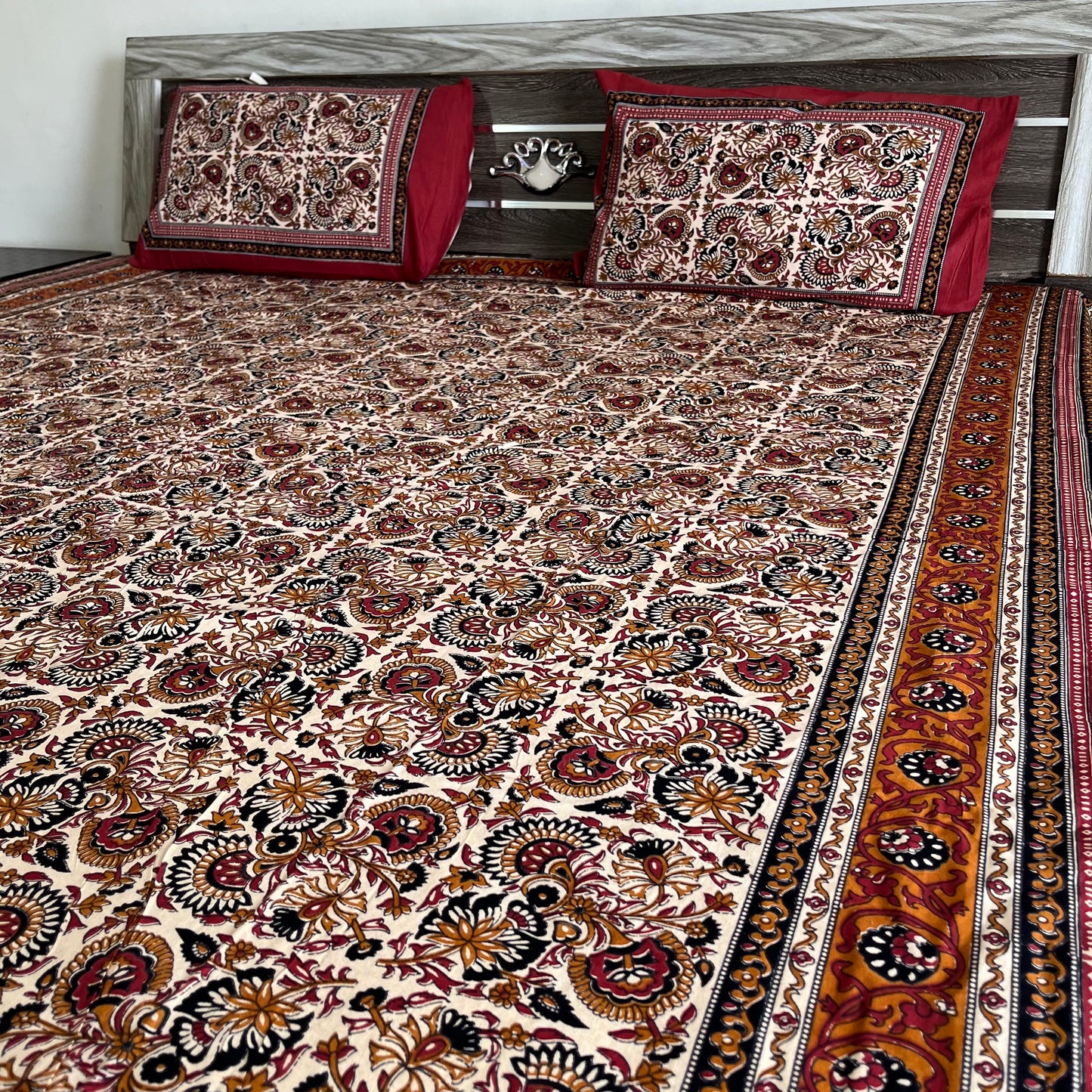Orange Kalamkari Bedsheet with 2 Pillow covers
