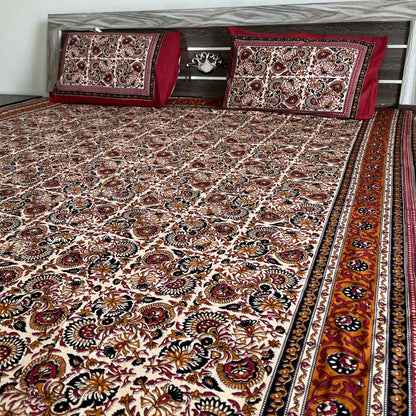 Orange Kalamkari Bedsheet with 2 Pillow covers