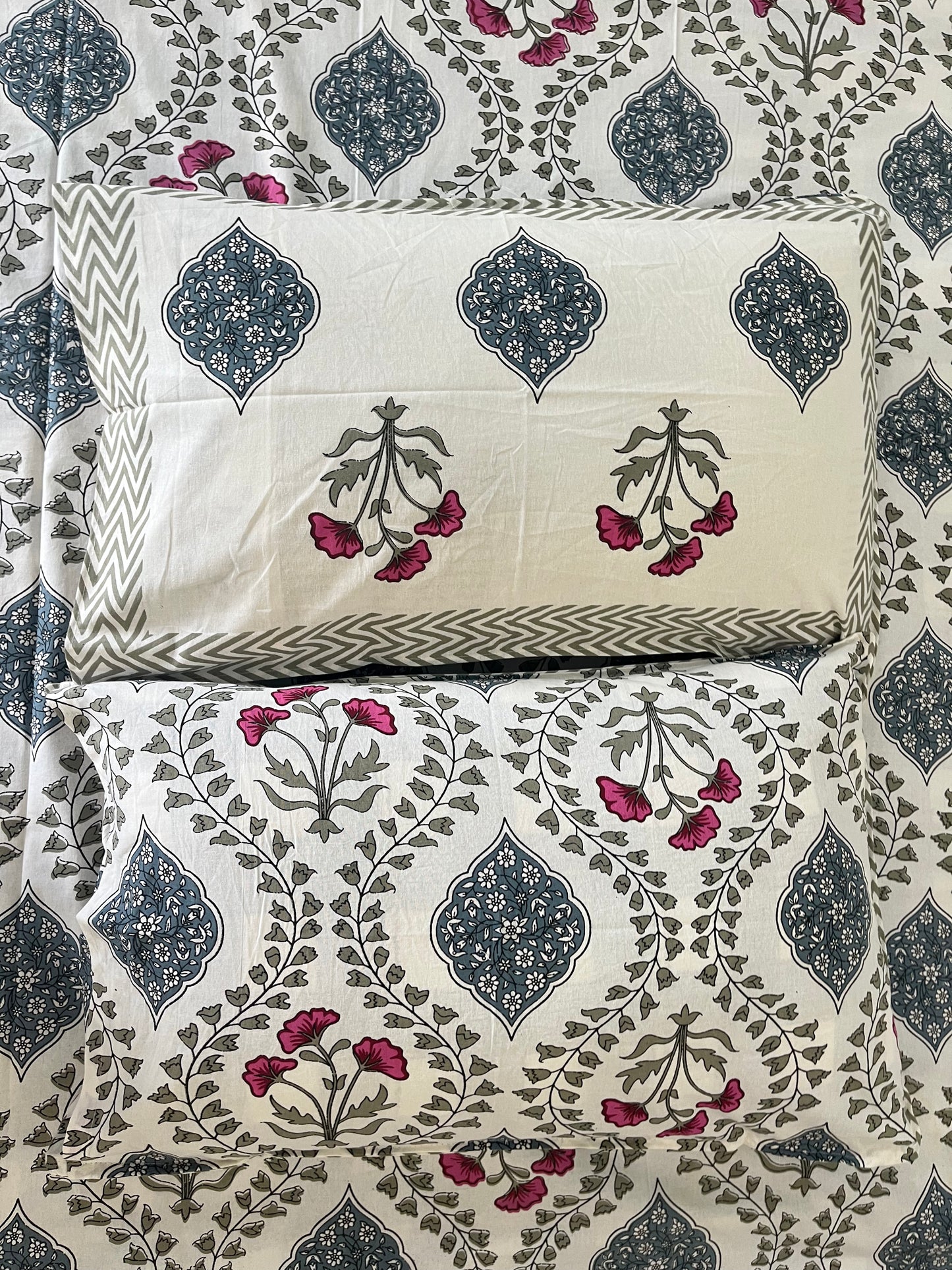 Handblock Red and Blue Floral Double Bedsheet
