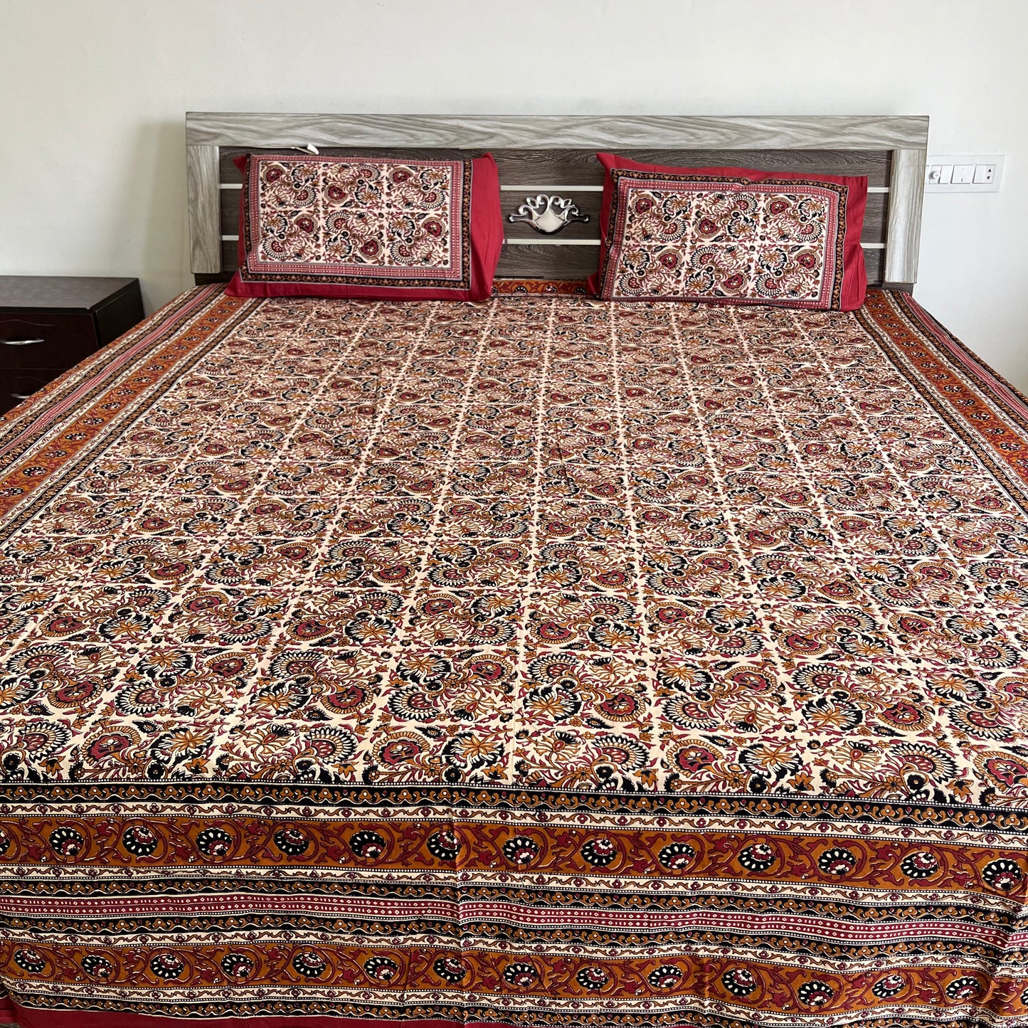 Orange Kalamkari Bedsheet with 2 Pillow covers