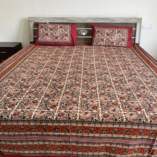Orange Kalamkari Bedsheet with 2 Pillow covers