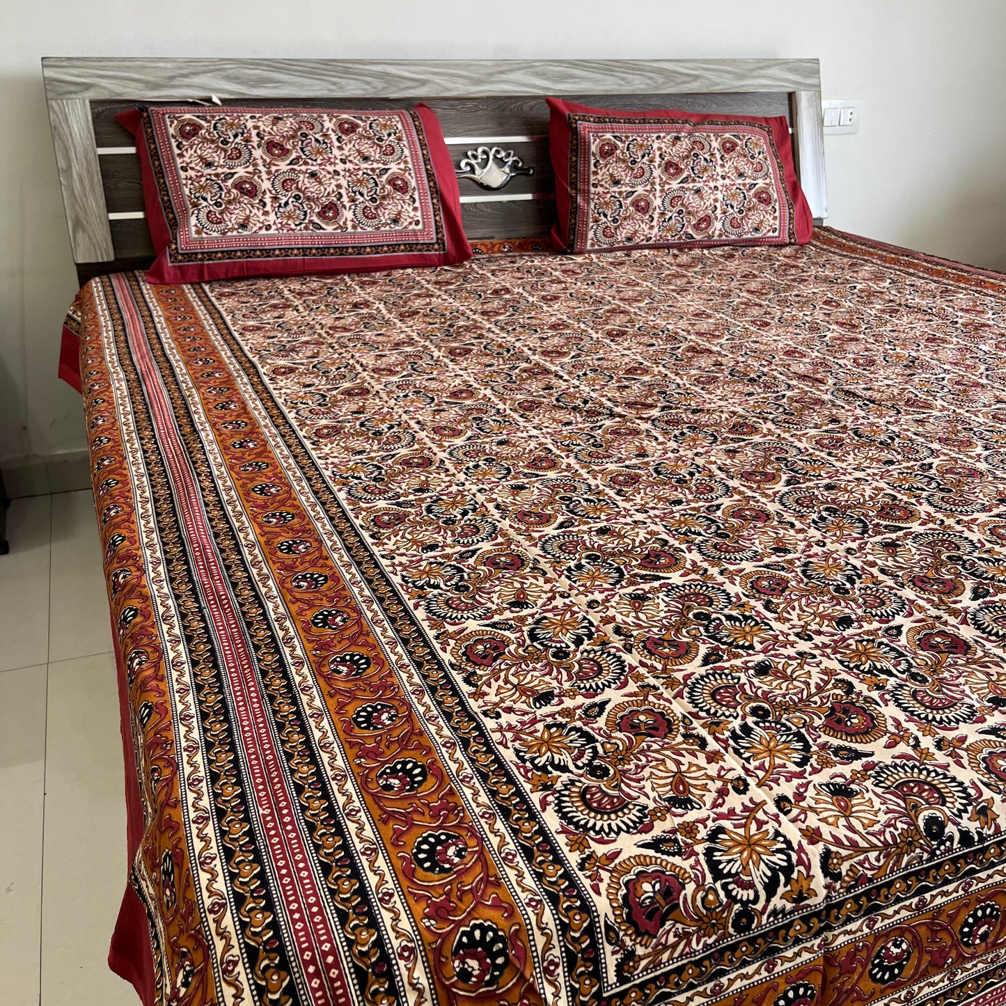 Orange Kalamkari Bedsheet with 2 Pillow covers
