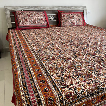 Orange Kalamkari Bedsheet with 2 Pillow covers