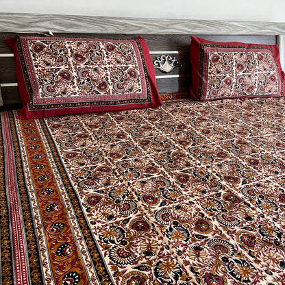 Orange Kalamkari Bedsheet with 2 Pillow covers
