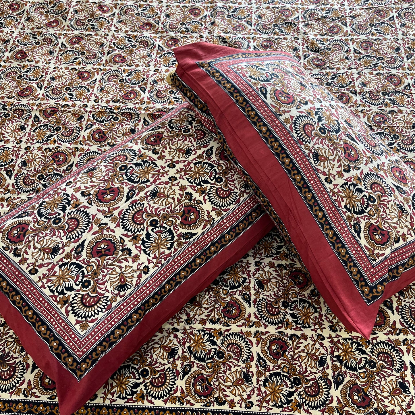 Deep Blue and Red Kalamkari Bedsheet with 2 Pillow covers