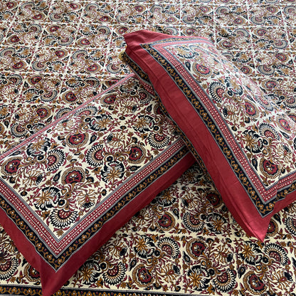Deep Blue and Red Kalamkari Bedsheet with 2 Pillow covers