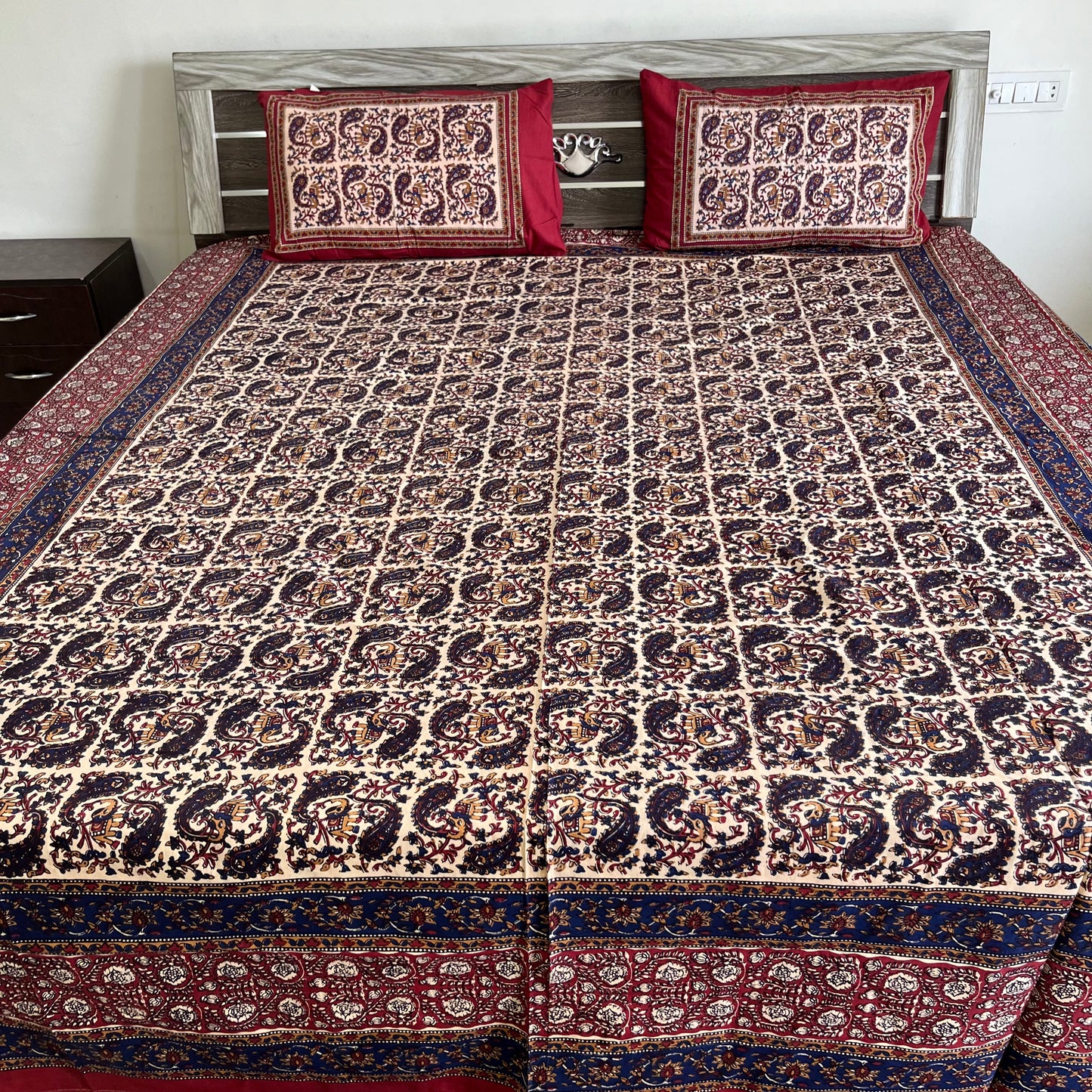 Deep Blue and Red Kalamkari Bedsheet with 2 Pillow covers