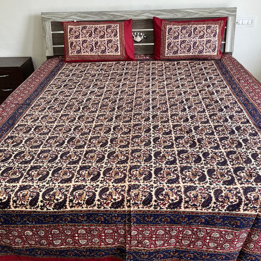 Deep Blue and Red Kalamkari Bedsheet with 2 Pillow covers