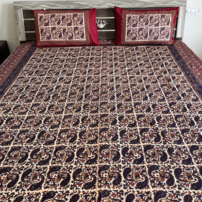 Deep Blue and Red Kalamkari Bedsheet with 2 Pillow covers