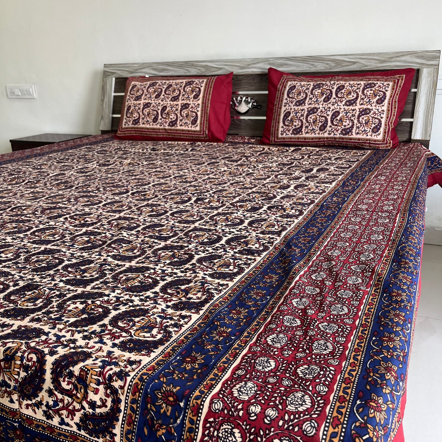 Deep Blue and Red Kalamkari Bedsheet with 2 Pillow covers