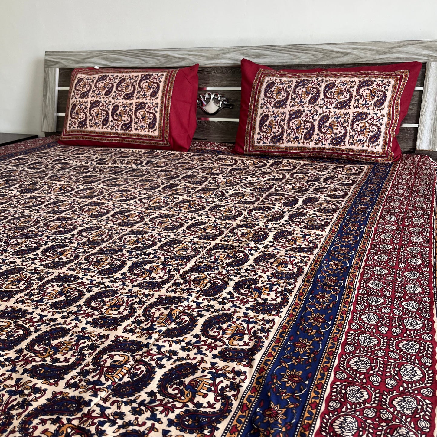 Deep Blue and Red Kalamkari Bedsheet with 2 Pillow covers