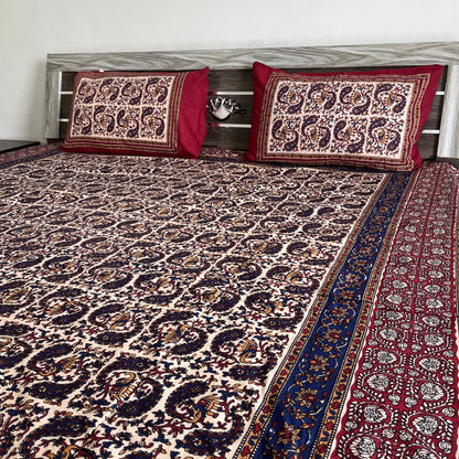 Deep Blue and Red Kalamkari Bedsheet with 2 Pillow covers