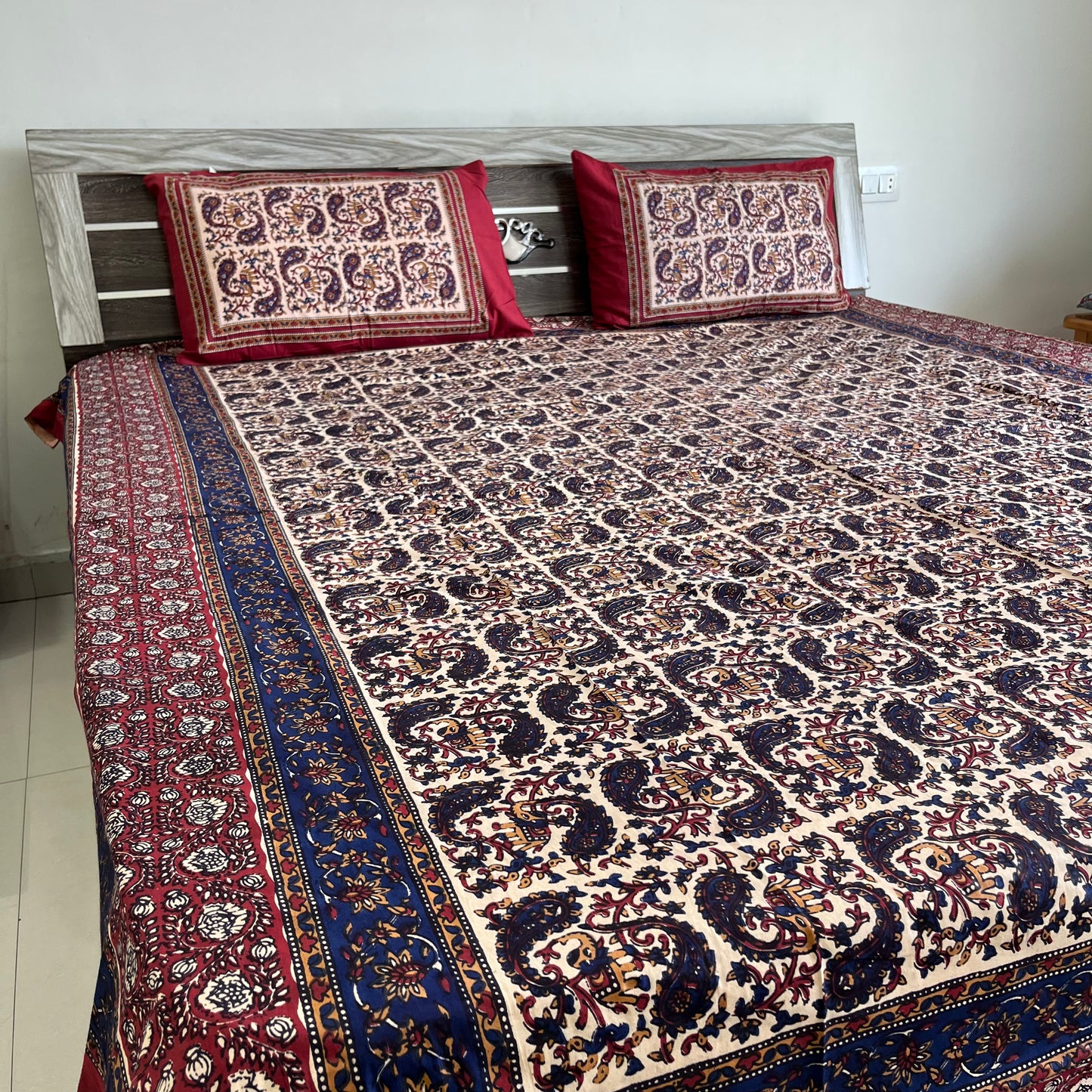 Deep Blue and Red Kalamkari Bedsheet with 2 Pillow covers