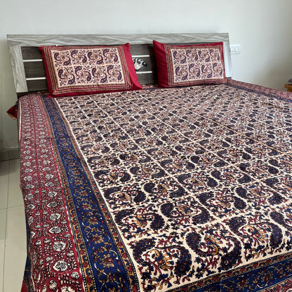 Deep Blue and Red Kalamkari Bedsheet with 2 Pillow covers