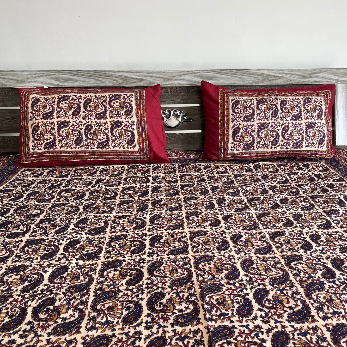 Deep Blue and Red Kalamkari Bedsheet with 2 Pillow covers