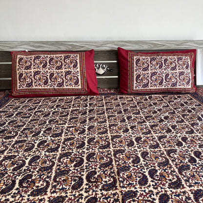 Deep Blue and Red Kalamkari Bedsheet with 2 Pillow covers