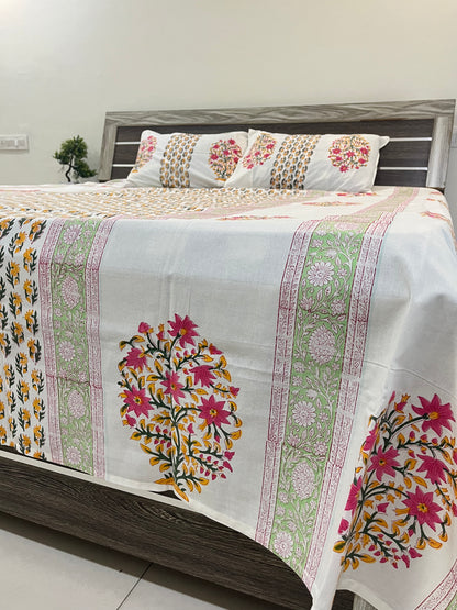 Handblock Floral Abstract Print Bedsheet (White and Pink)