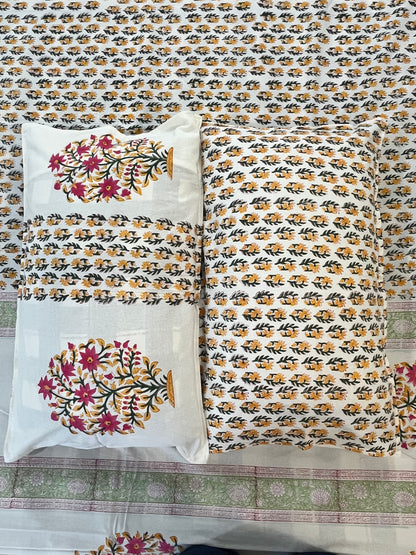 Handblock Floral Abstract Print Bedsheet (White and Pink)