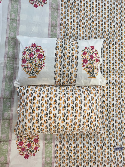Handblock Floral Abstract Print Bedsheet (White and Pink)
