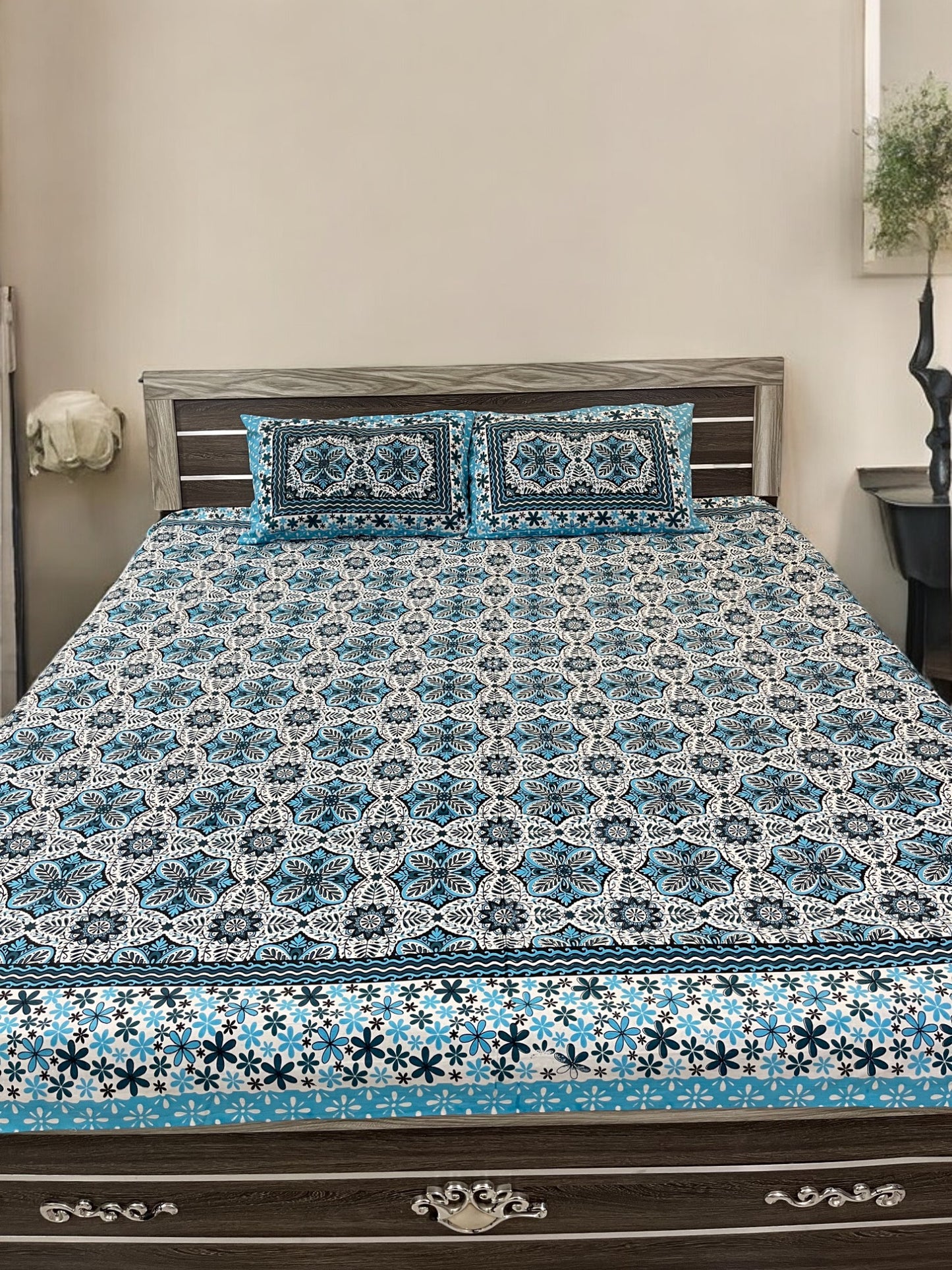Blue Floral Double Bedsheet with 2 Pillow Cover