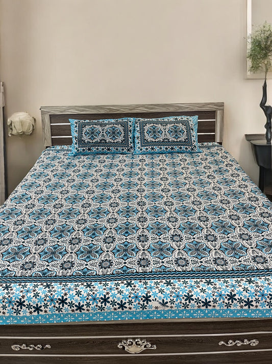 Blue Floral Double Bedsheet with 2 Pillow Cover