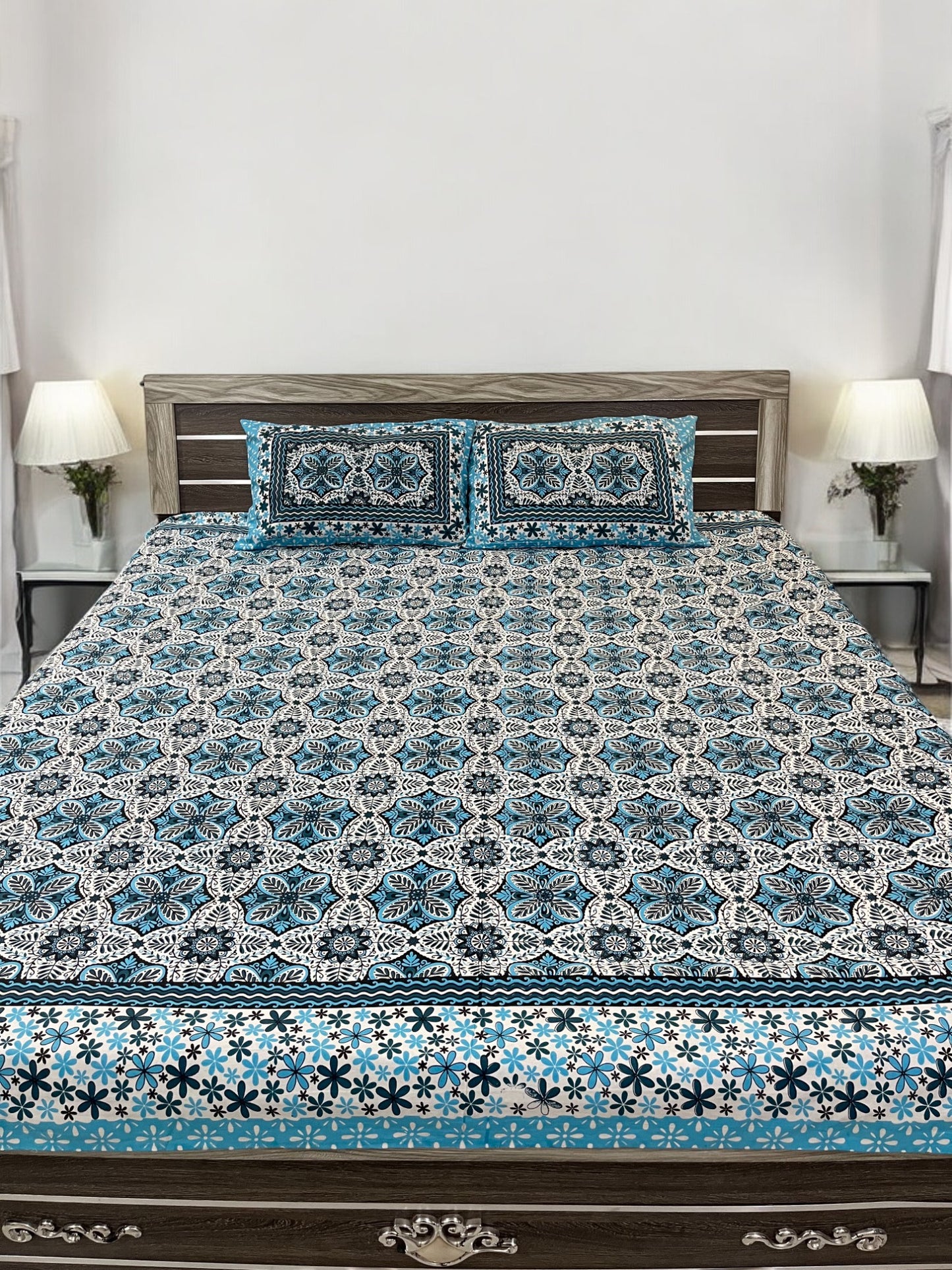 Blue Floral Double Bedsheet with 2 Pillow Cover