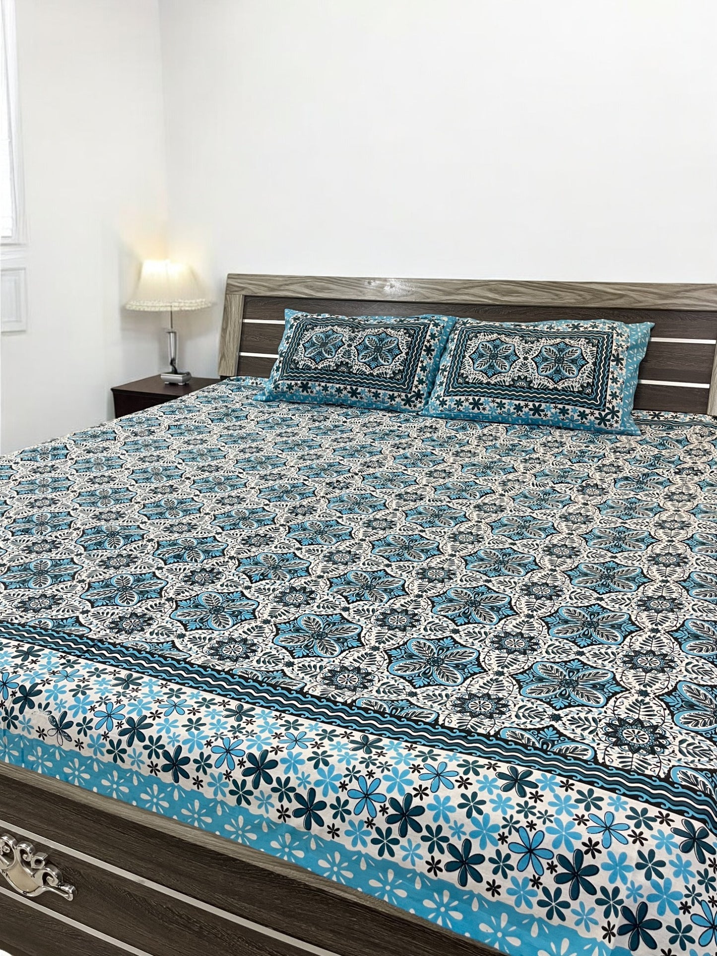 Blue Floral Double Bedsheet with 2 Pillow Cover
