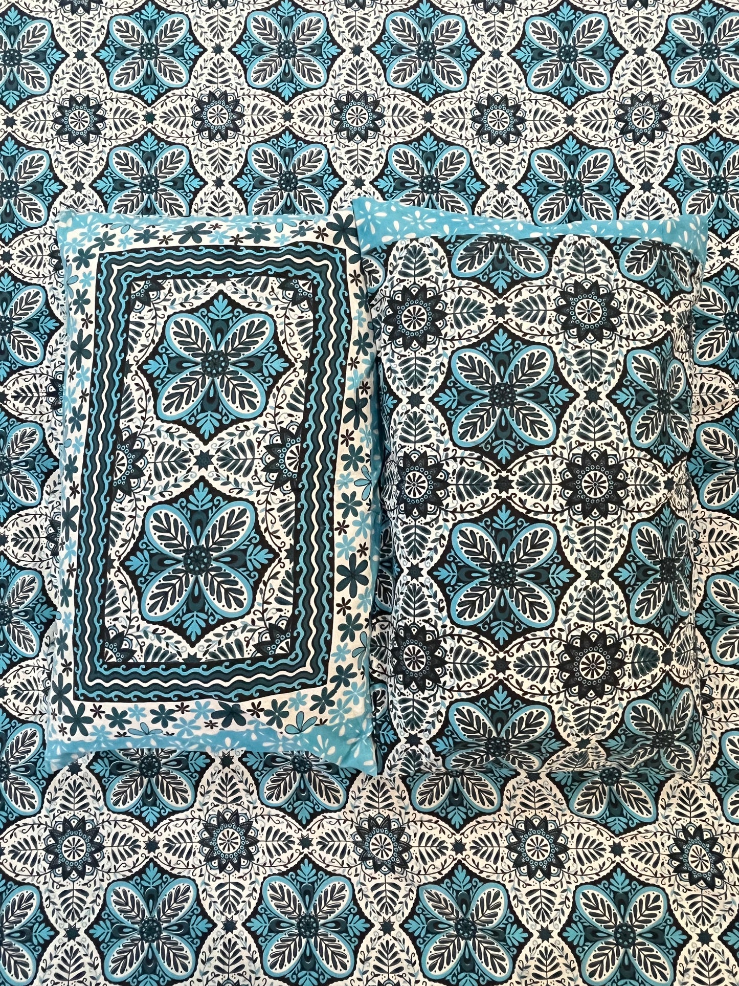 Blue Floral Double Bedsheet with 2 Pillow Cover
