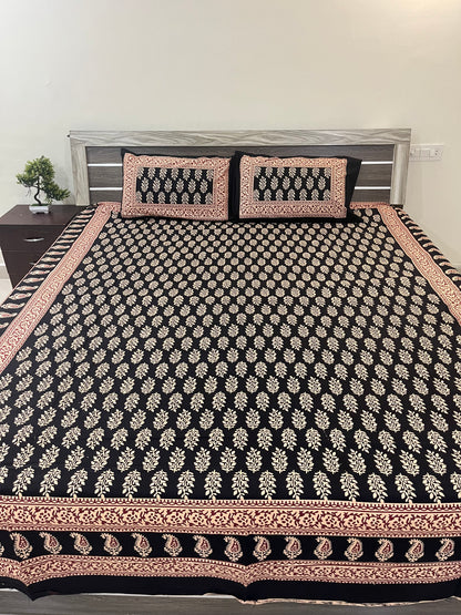 Barmeri Black Bagru Double Bedsheet with 2 Pillow Covers
