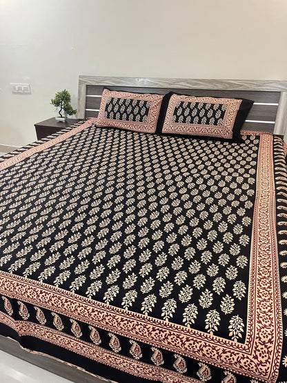 Barmeri Black Bagru Double Bedsheet with 2 Pillow Covers