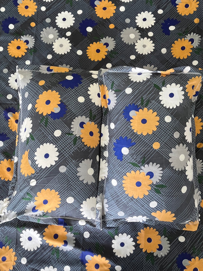 Yellow Floral Double Bedsheet with 2 Pillow Cover