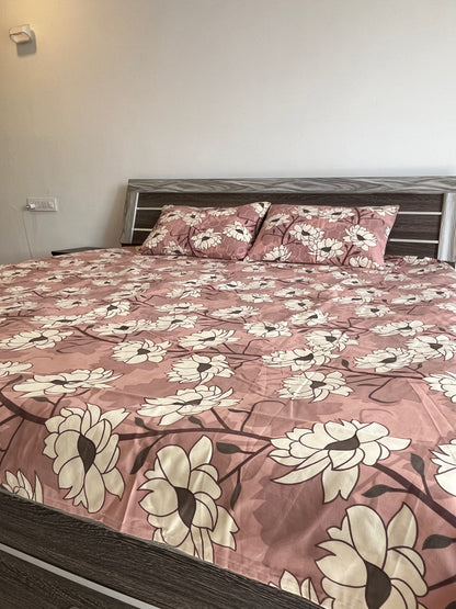 Beige Flower Double Bedsheet with 2 Quilted Pillows Covers