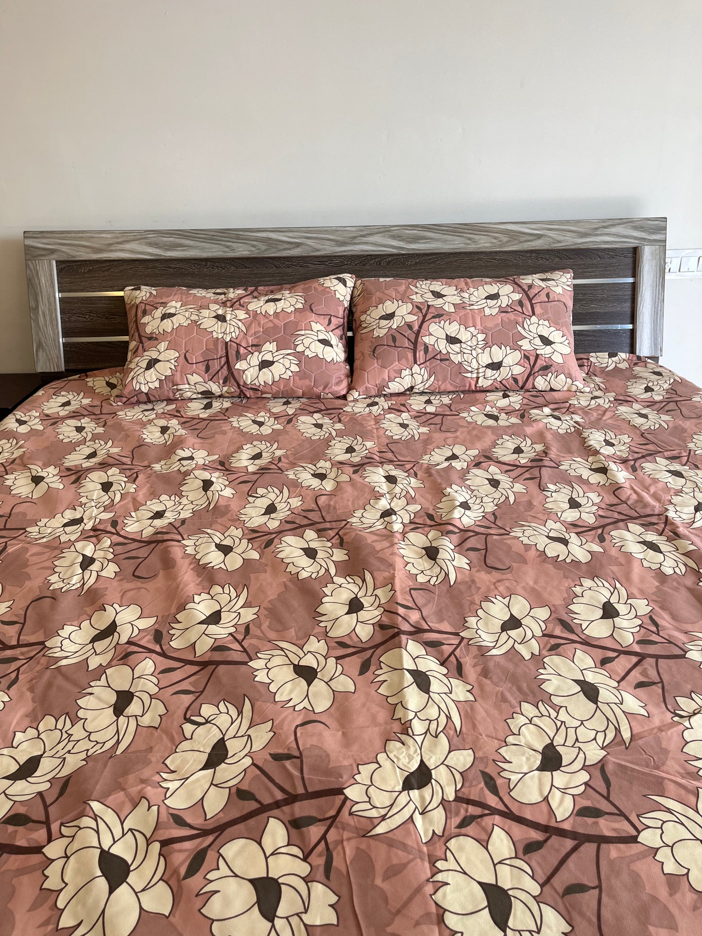 Beige Flower Double Bedsheet with 2 Quilted Pillows Covers