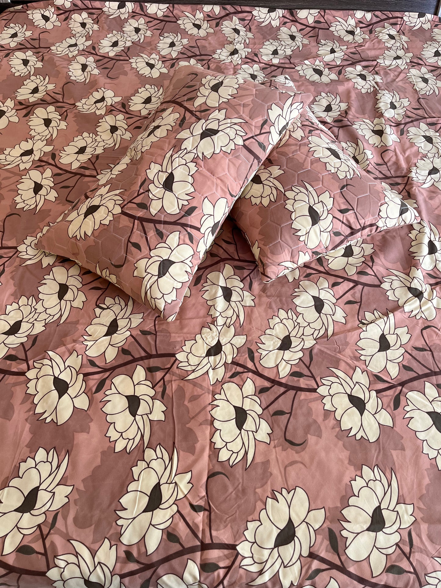 Beige Flower Double Bedsheet with 2 Quilted Pillows Covers