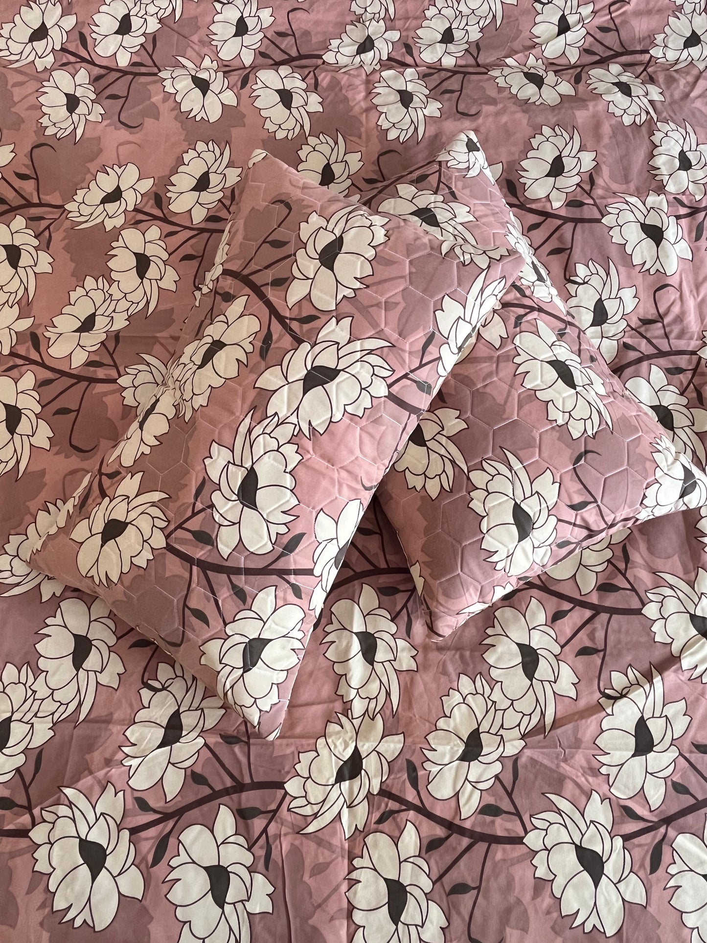 Beige Flower Double Bedsheet with 2 Quilted Pillows Covers