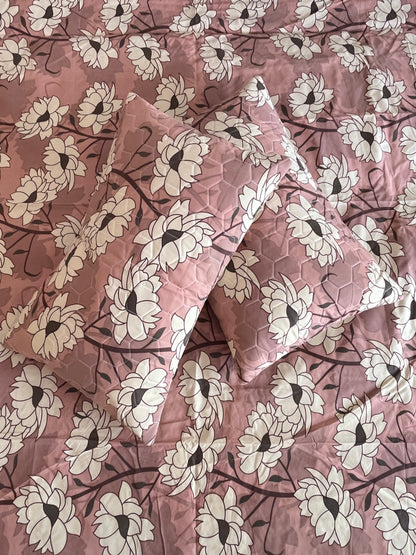 Beige Flower Double Bedsheet with 2 Quilted Pillows Covers